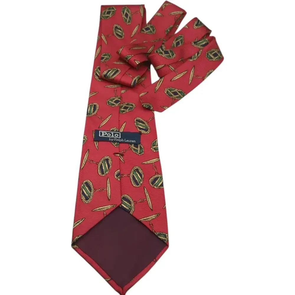 Vintage Polo Ralph‎ Lauren Men's Tie Red Repeating Cufflinks Repp Silk Necktie
